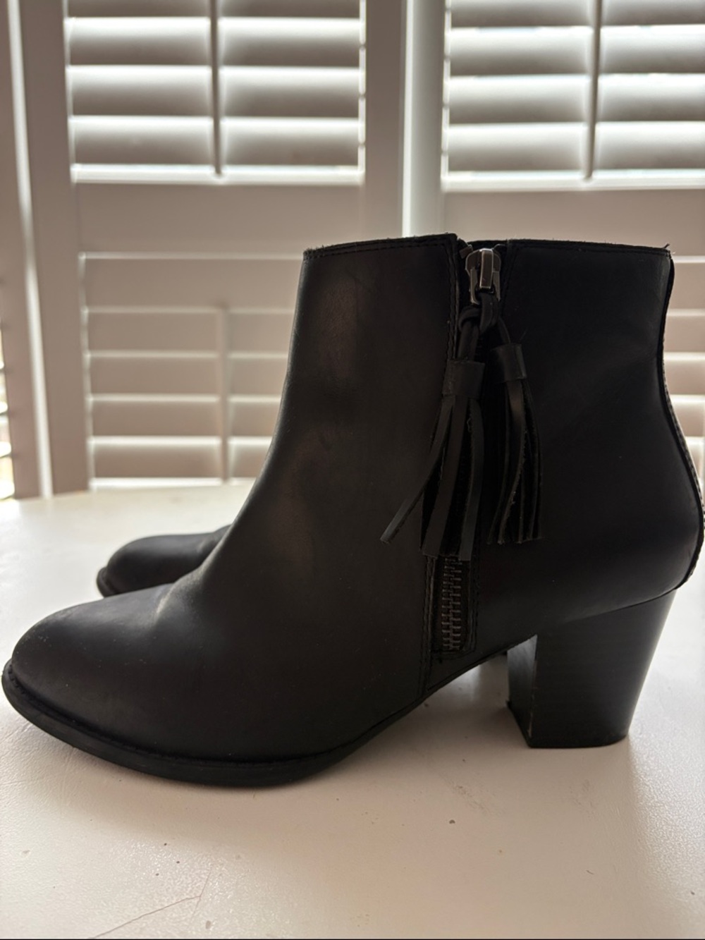 Vionic Black Leather Tassel Zip Ankle Booties